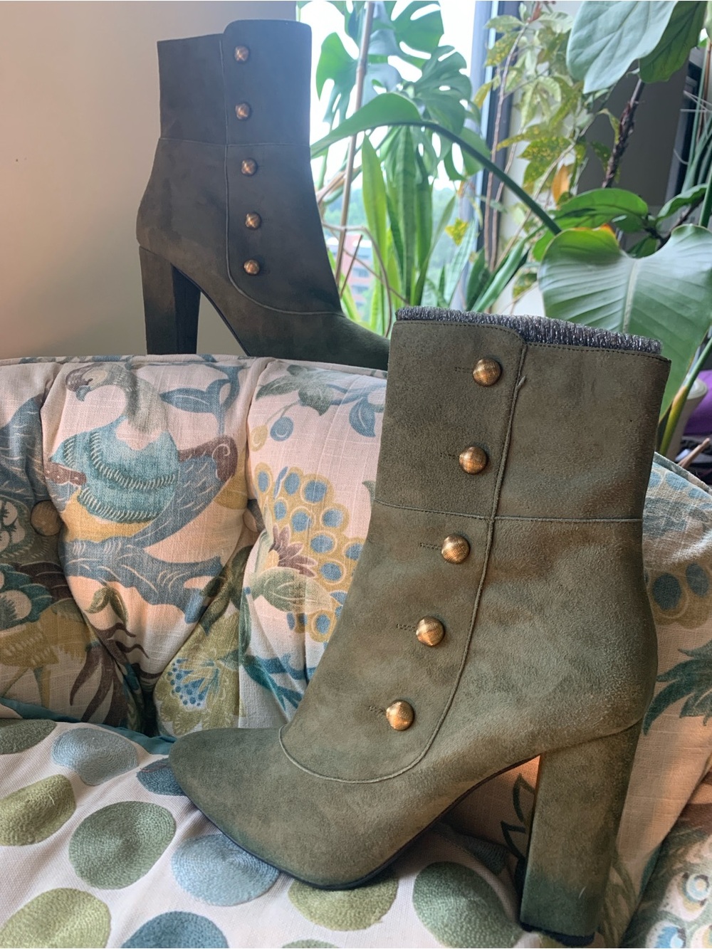 New! Women's Olive Green Suede Button Ankle Boots w/ Gold Buttons- Size 40 (9.5)